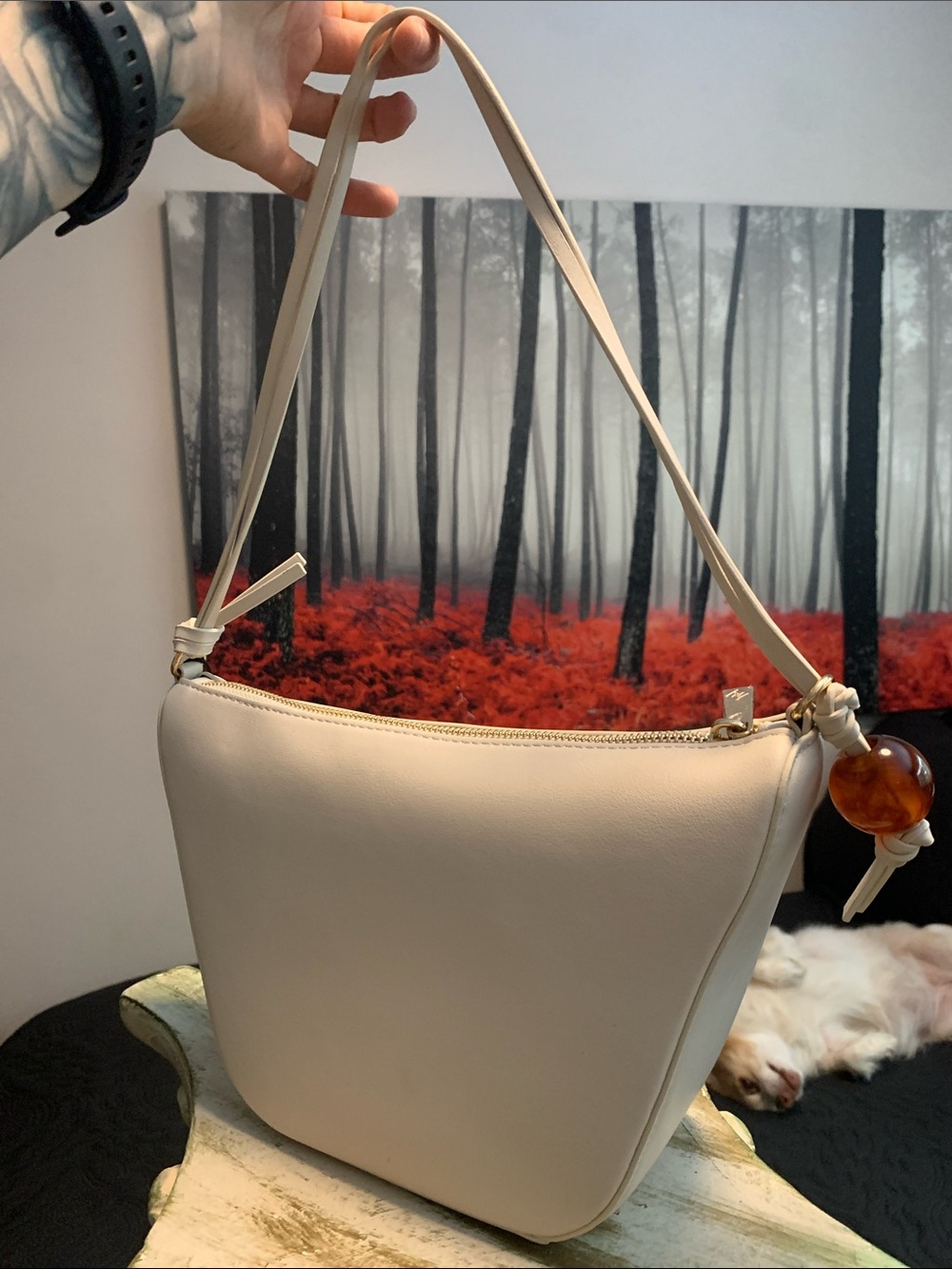 Minimalist Cream Shoulder Bag with Decorative Amber Charm
